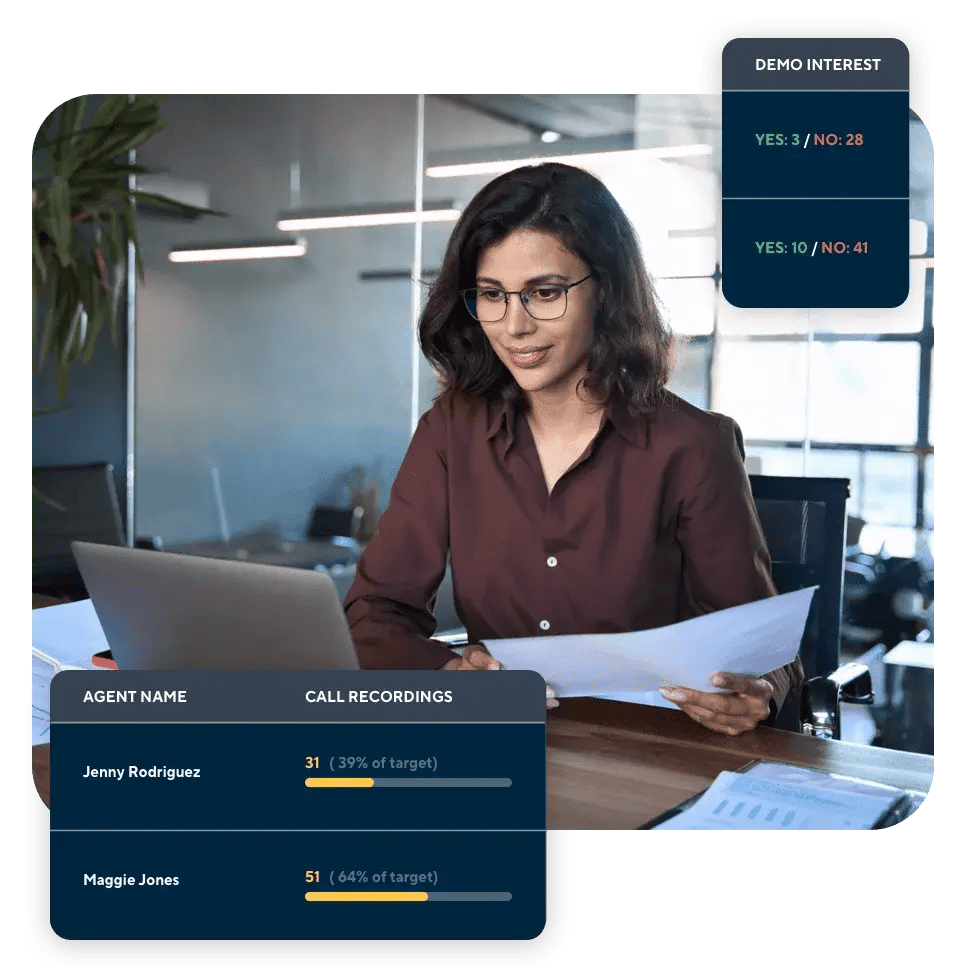 Female sales agent reviewing performance metrics on her laptop with overlay showing demo interest results and individual call recording stats