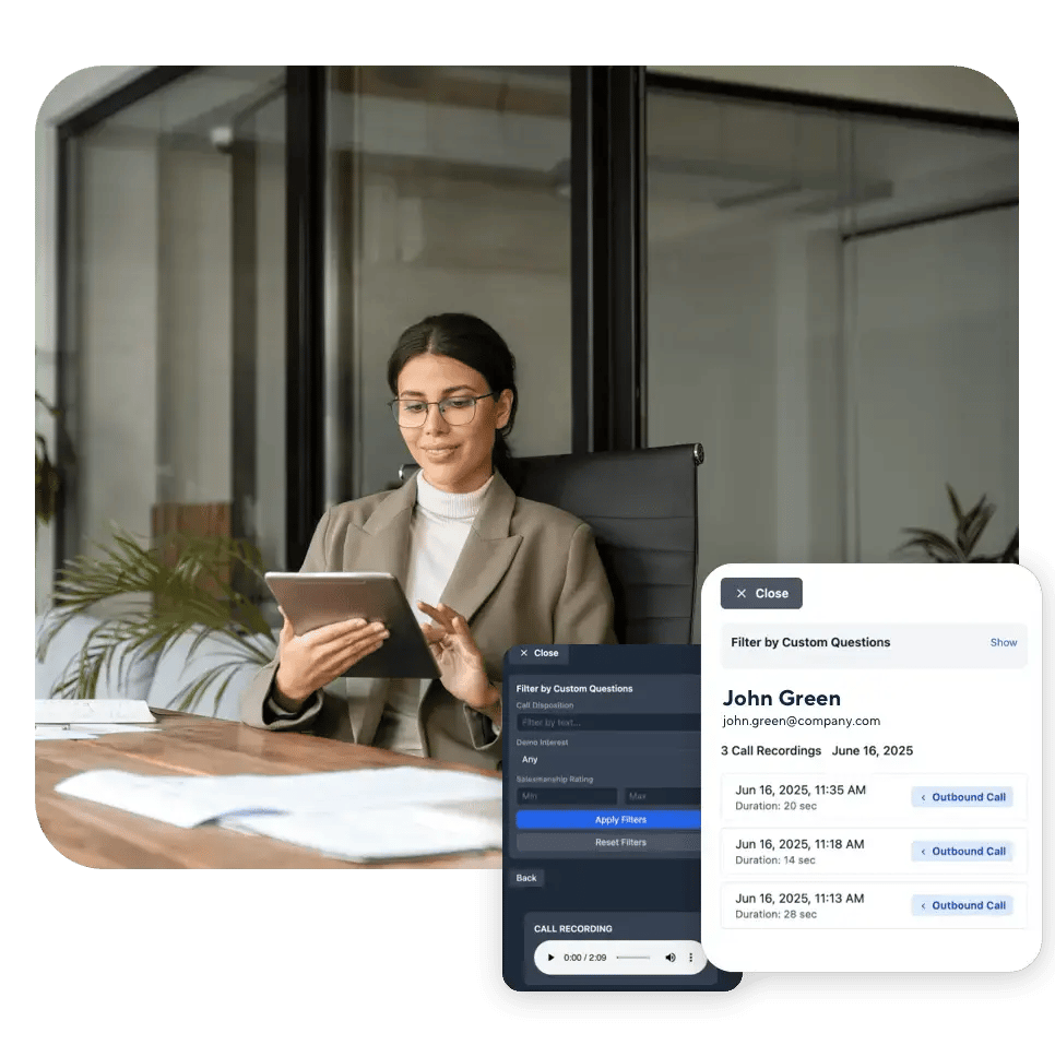 Businesswoman using a tablet to review filtered call recordings and custom insights for a sales agent's outbound calls.
