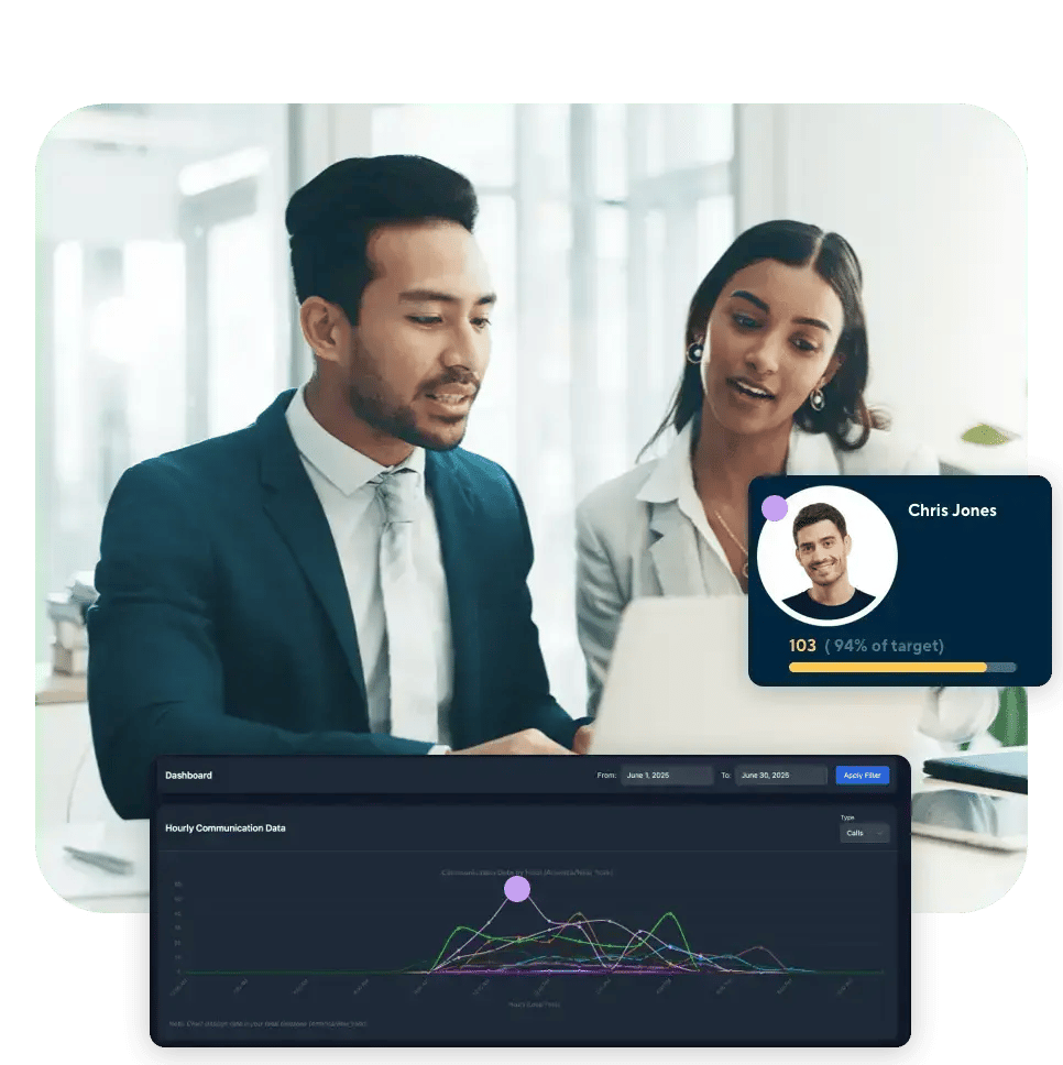 Business professionals analyzing sales performance data on a laptop, with overlay displaying individual agent progress and communication trend chart.