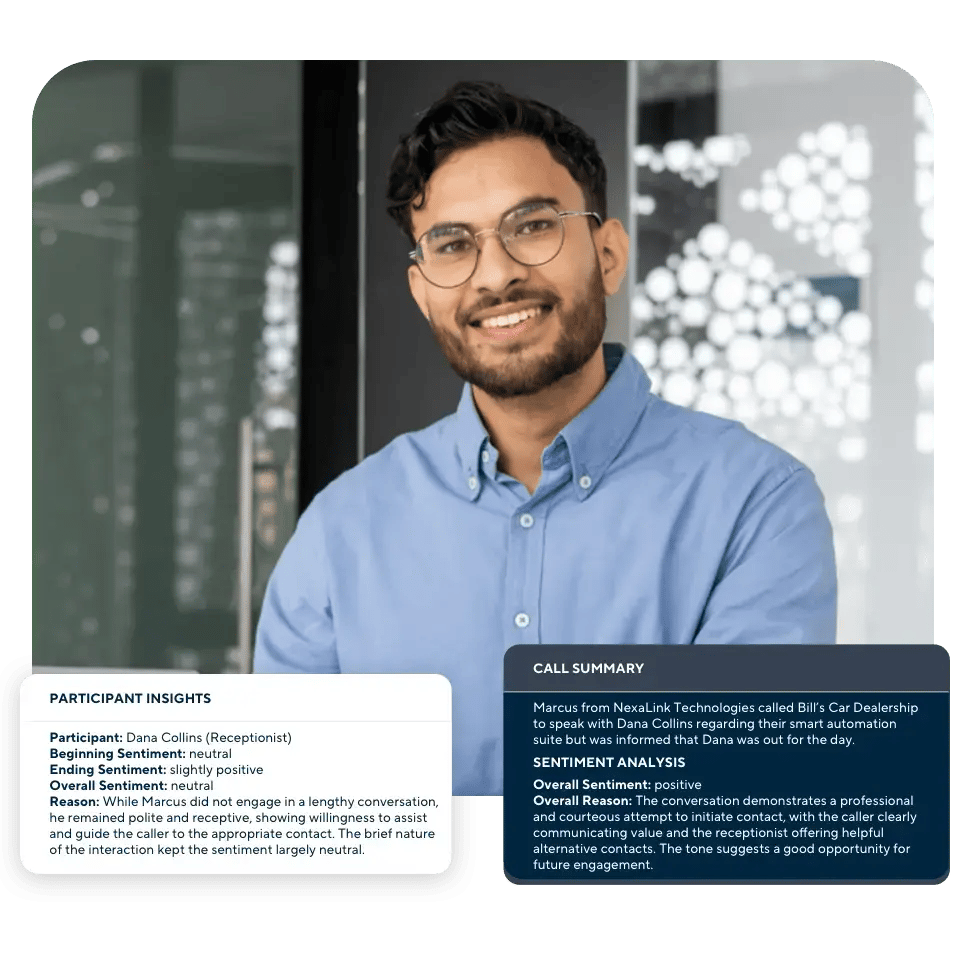 Confident team member smiling with overlays summarizing sentiment analysis and detailed call summary insights from a sales interaction.