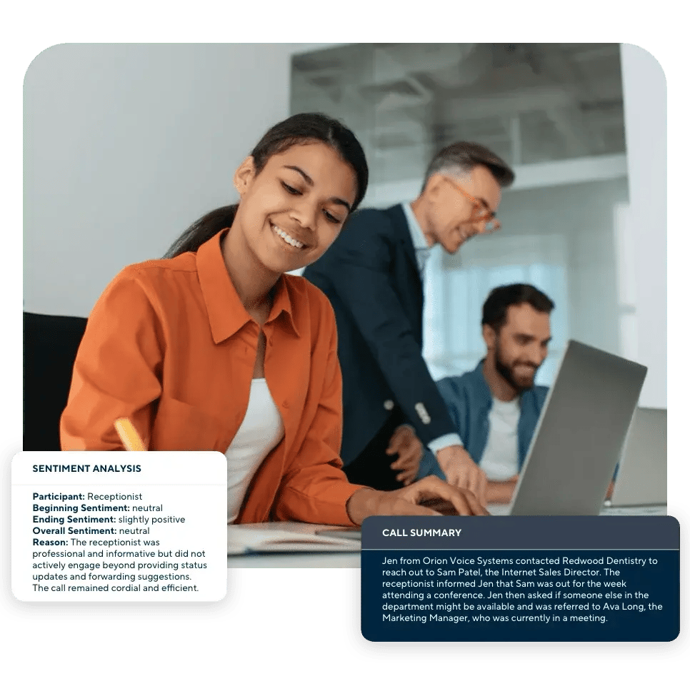 Sales team collaborating in an office setting with overlay showing sentiment analysis and a detailed call summary from a client interaction.