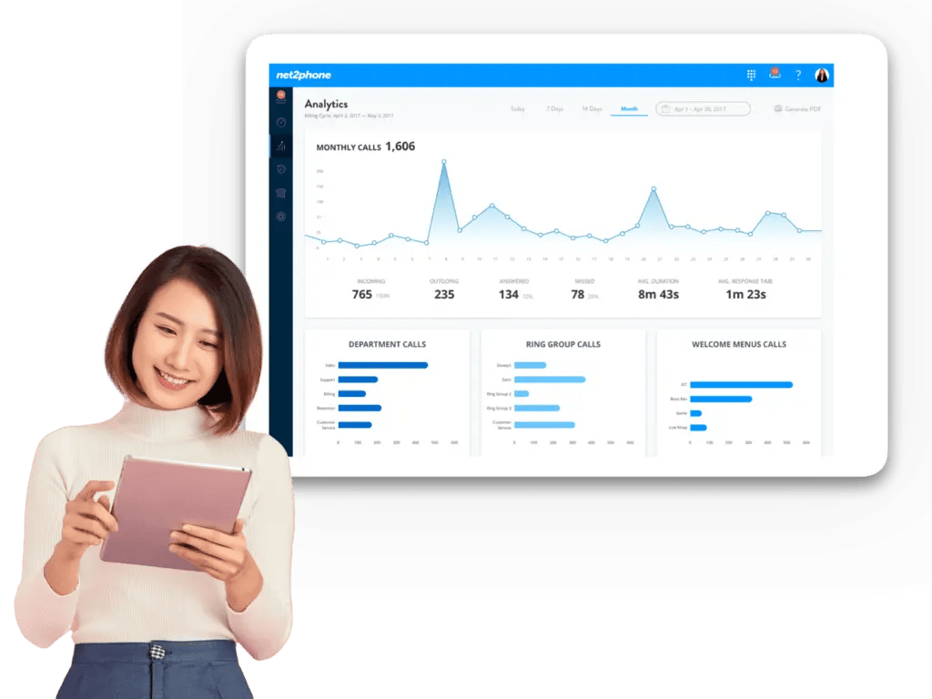 A woman with call analytics interface on the background