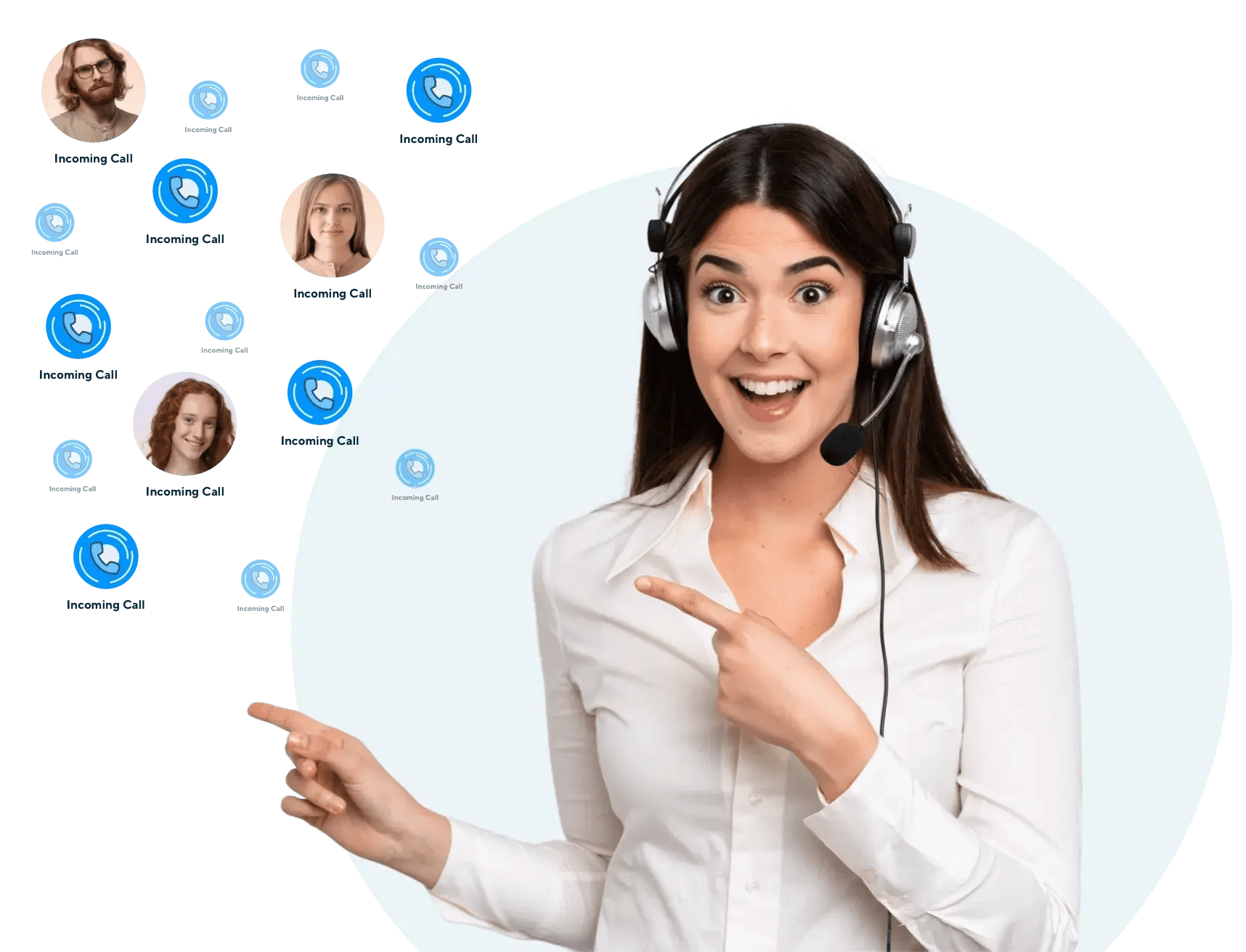 Customer service representative in headset gesturing at floating incoming call icons expressing enthusiasm while managing multiple calls