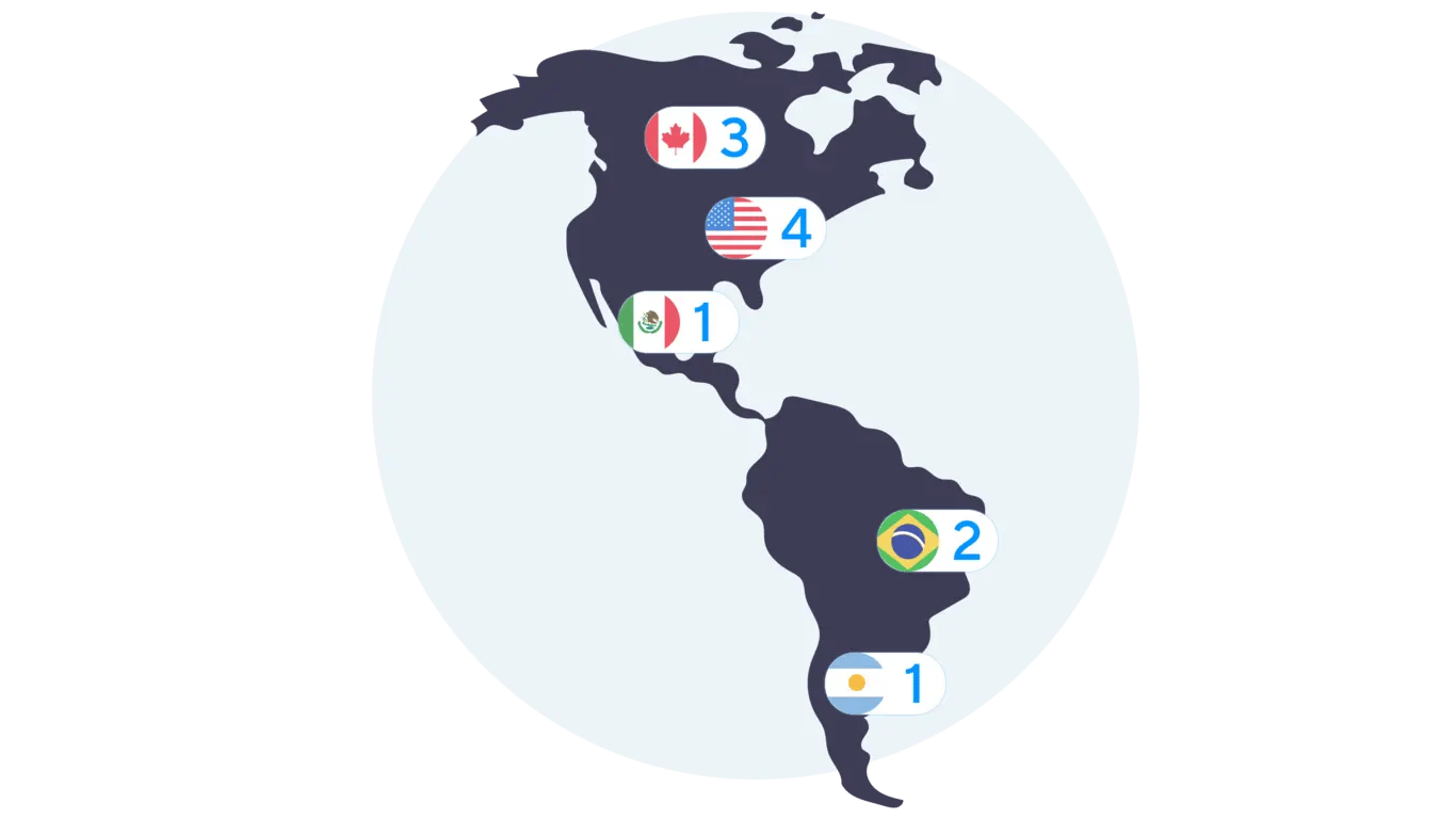 mostrar 11 pontos de presença no mapa: [4 nos EUA, 2 no Brasil, 1 na Argentina, 3 no Canadá, 1 no México