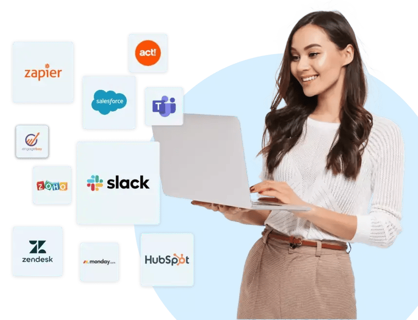 A woman holding a laptop and Icons of available integrations