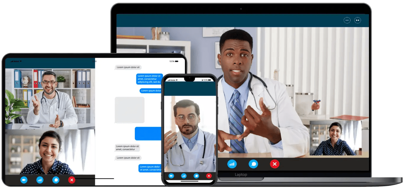 Doctors use medical office phone system for calling, messaging and video conferencing on the smartphone, tablet and laptop