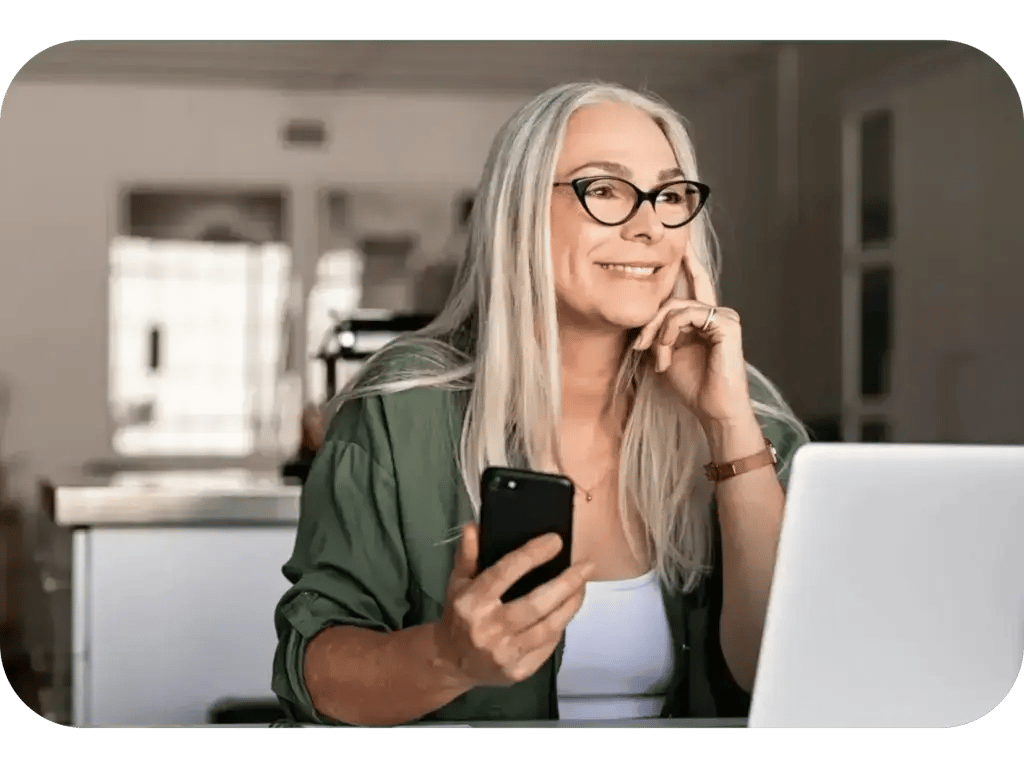 A woman uses office phone system on smartphone