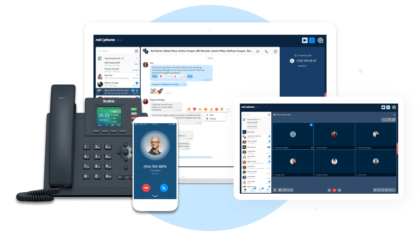 net2phone business phone system interface on various devices: laptop, tablet, smartphone, and IP phone