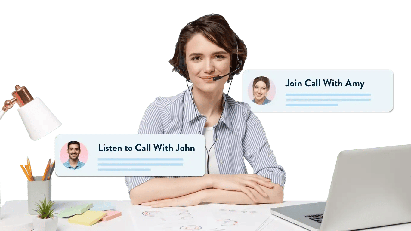 Customer service trainer with headset at desk, with options to join call with Amy or listen to call with John, office supplies and laptop visible.