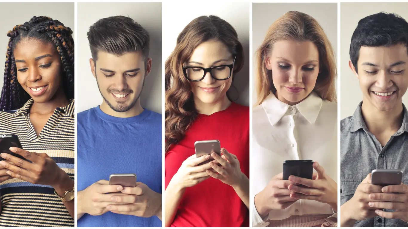 Five people on smartphone sending SMS